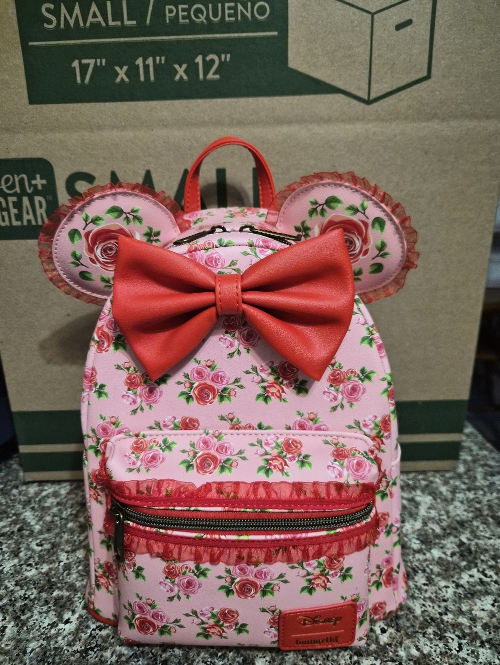 Disney Roses With Pink Background Mini Backpack with Red Bow.
